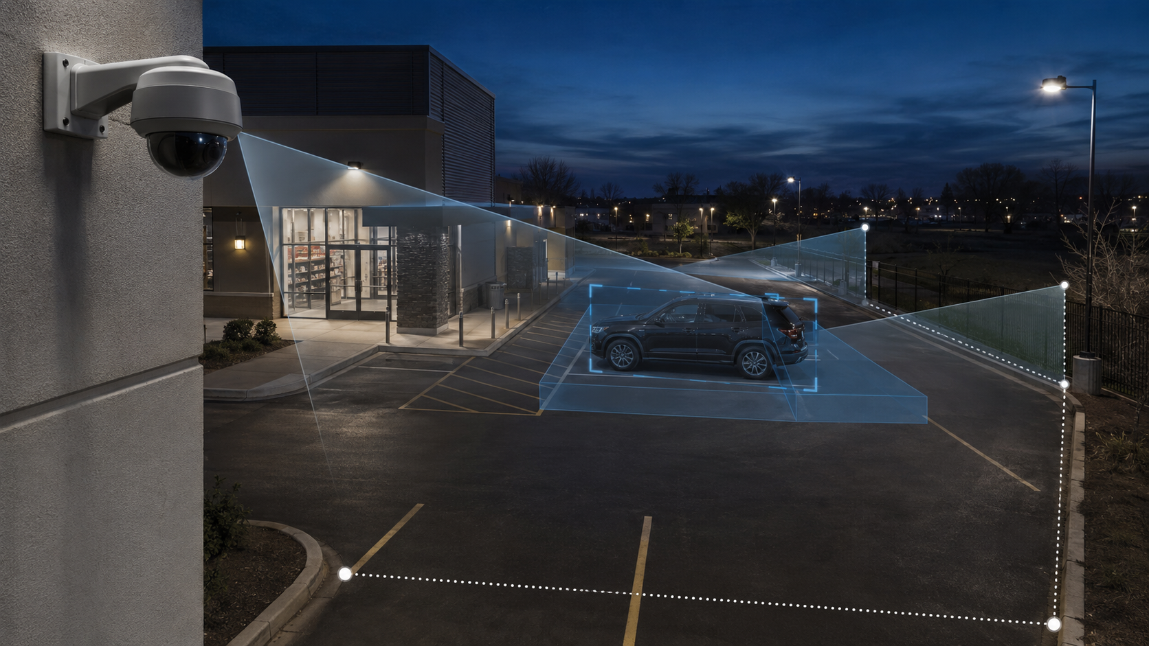 Commercial parking lot with active surveillance coverage overlays